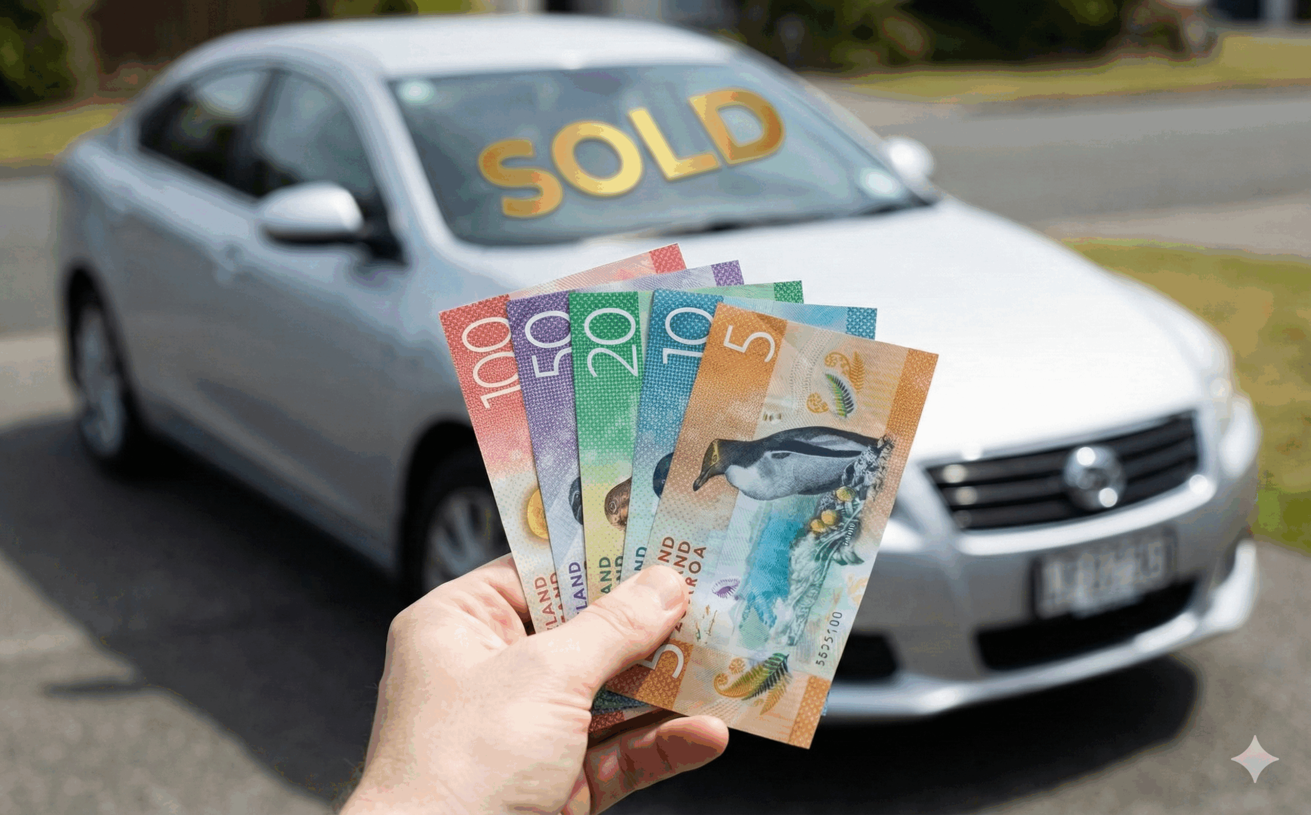 Hand holding New Zealand cash notes in front of a sold car, representing instant cash for cars payment in Christchurch.